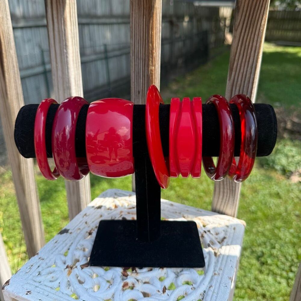 Vintage Red Bangle Bracelet Lot Chunky Lucite Acrylic Stack